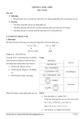 Đề cương ôn thi môn Hóa học - Chương 1 Este - Lipit